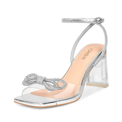 ISNOM Silver Rhinestone Heels for Women Clear Heels for Women Silver Bow Heels Clear Rhinestone Bow Heels Silver Heels for Women Silver Sparkly Heels Silver Chunky Heels for Women Wedding Heels