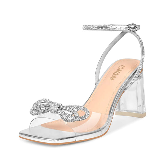 ISNOM Silver Rhinestone Heels for Women Clear Heels for Women Silver Bow Heels Clear Rhinestone Bow Heels Silver Heels for Women Silver Sparkly Heels Silver Chunky Heels for Women Wedding Heels